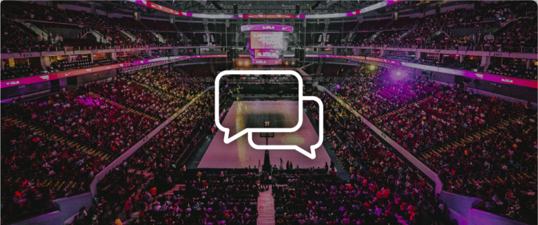 A large arena filled with people overlayed by an illustration of two chat bubbles